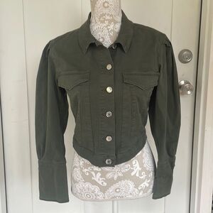 NWT Veronica Beard Army Green Denim Pouf Sleeve Jean Jacket Size Small